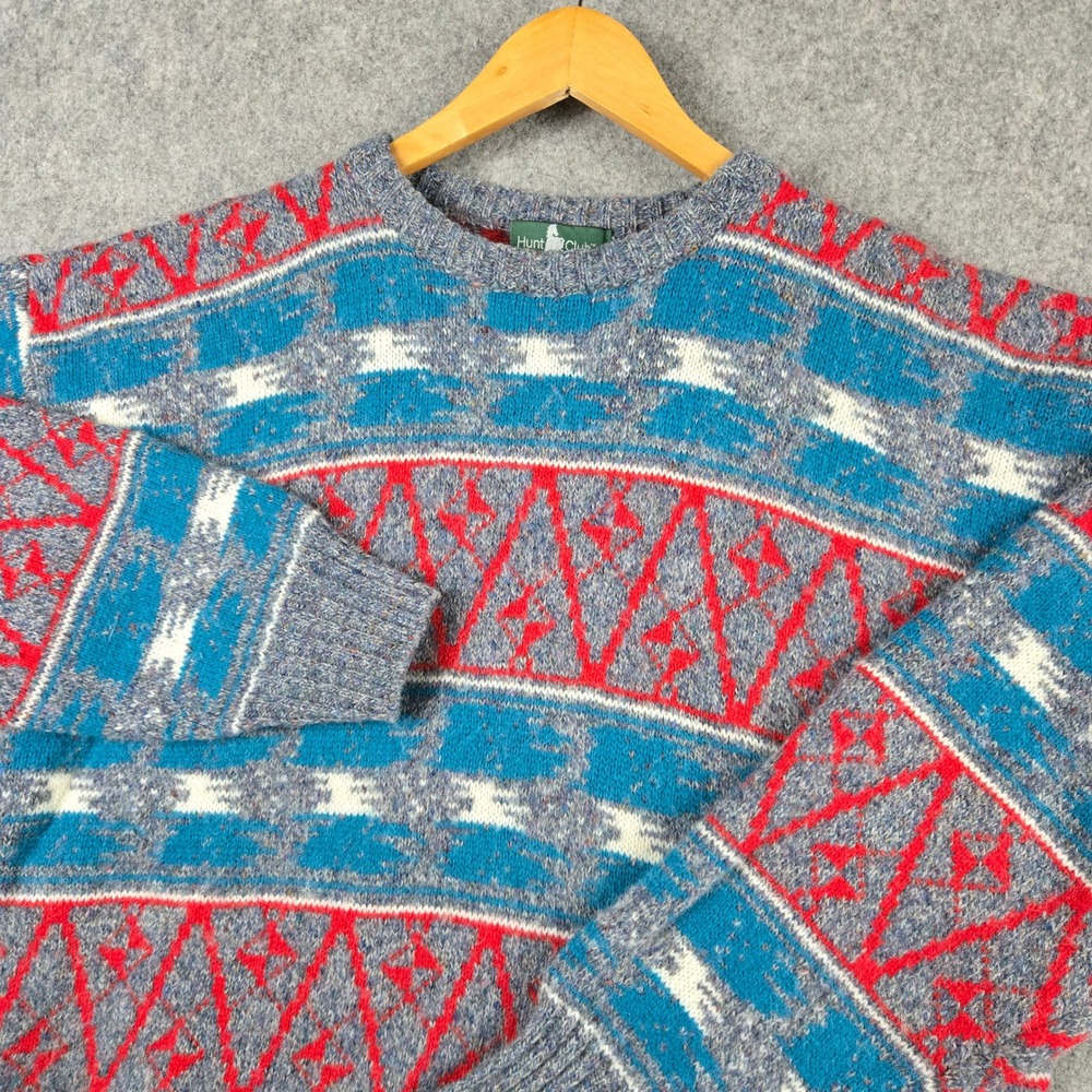 Vintage Hunt Club Aztec Sweater Mens XL Blue Geometric Wool 90s Southwestern